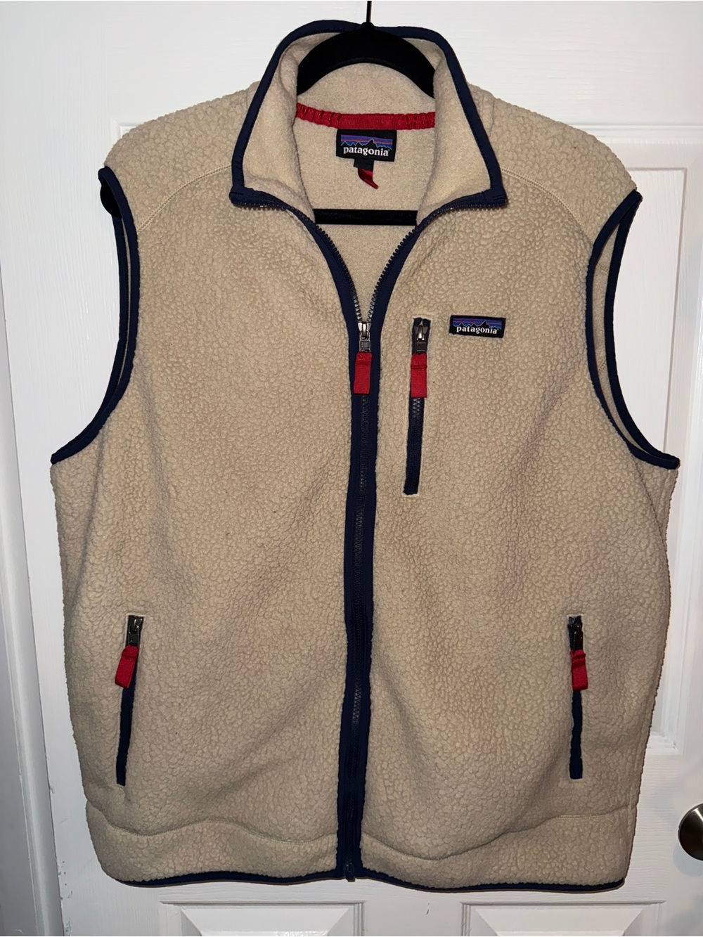 Patagonia Men’s Cream Sherpa Vest with Navy Trim and Red Accents